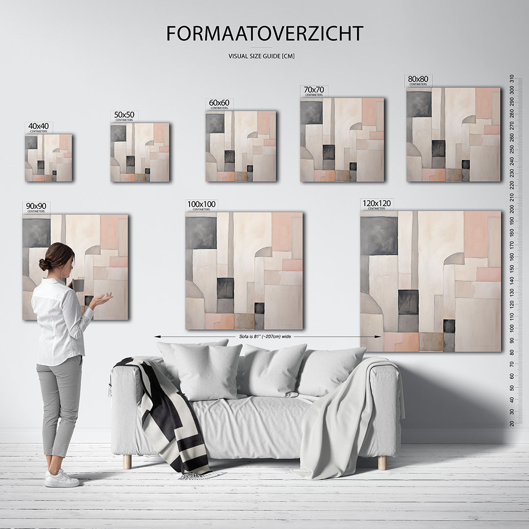Geometrische vormen kunstwerk – materiaalweergave – dit werk toont een compositie van rechthoeken en vierkanten in zachte
