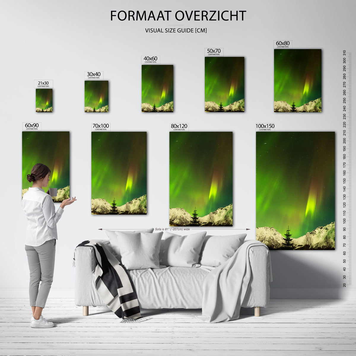 Noorderlicht landschap poster – sfeerbeeld – deze poster toont een levendig noorderlicht boven een besneeuwd berglandschap.