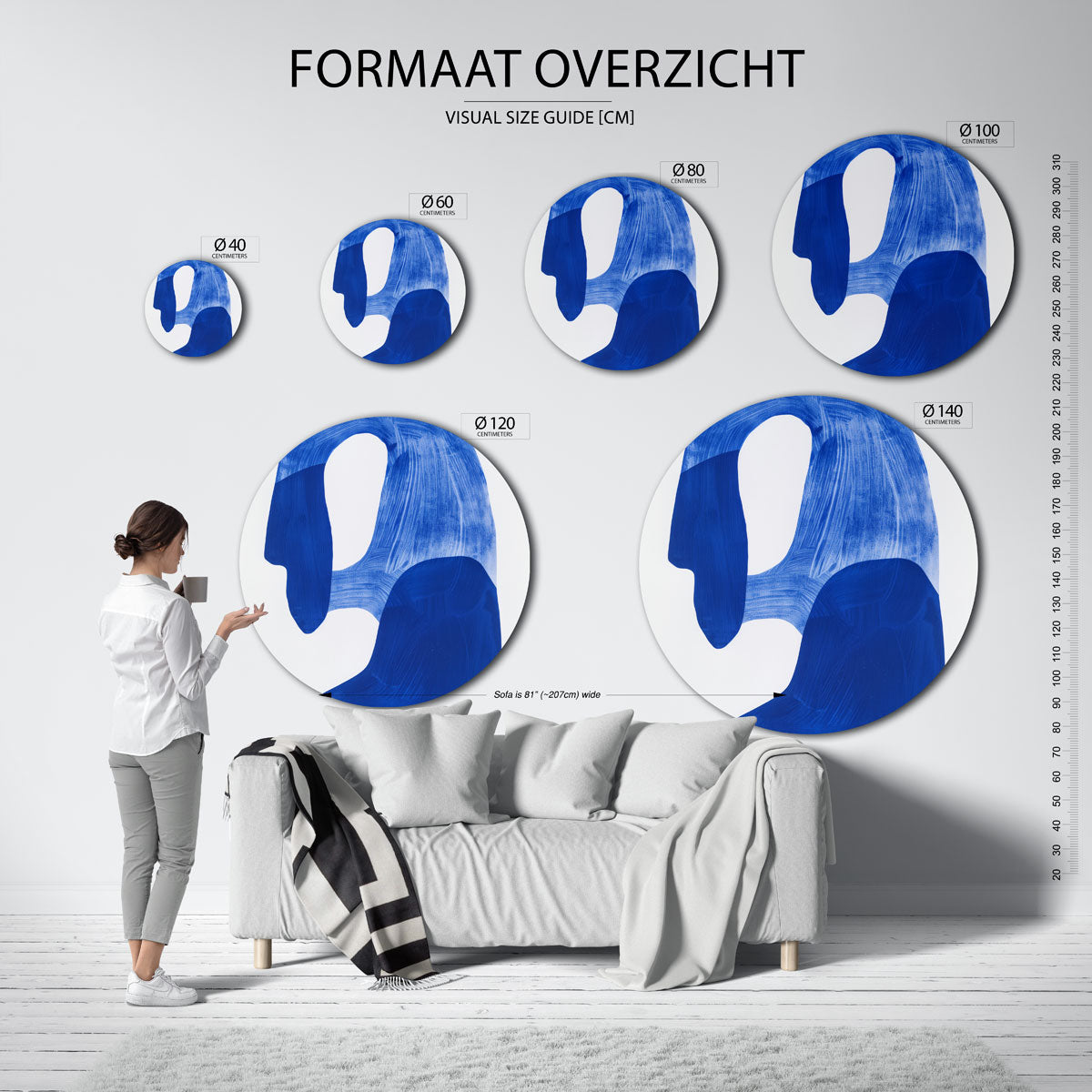 Abstracte blauwe vormen – ronde muurdecoratie met kleur en vorm