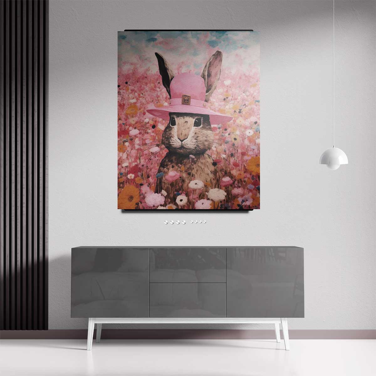 Konijn in Bloemenparadijs – staand kunstwerk voor modern interieur