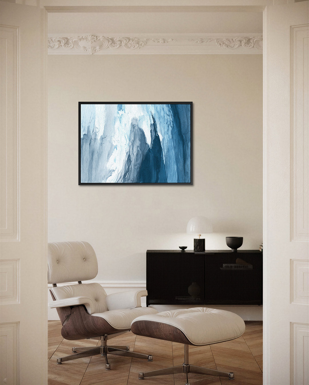 Dynamische blauwtinten – liggende wanddecoratie