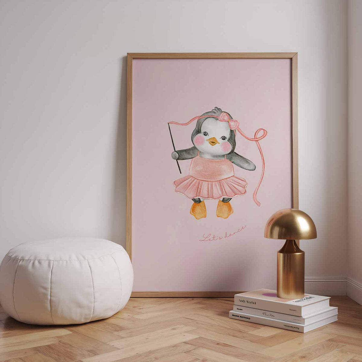 Dansende Pinguïn – speelse wandkunst als portret kinderposter