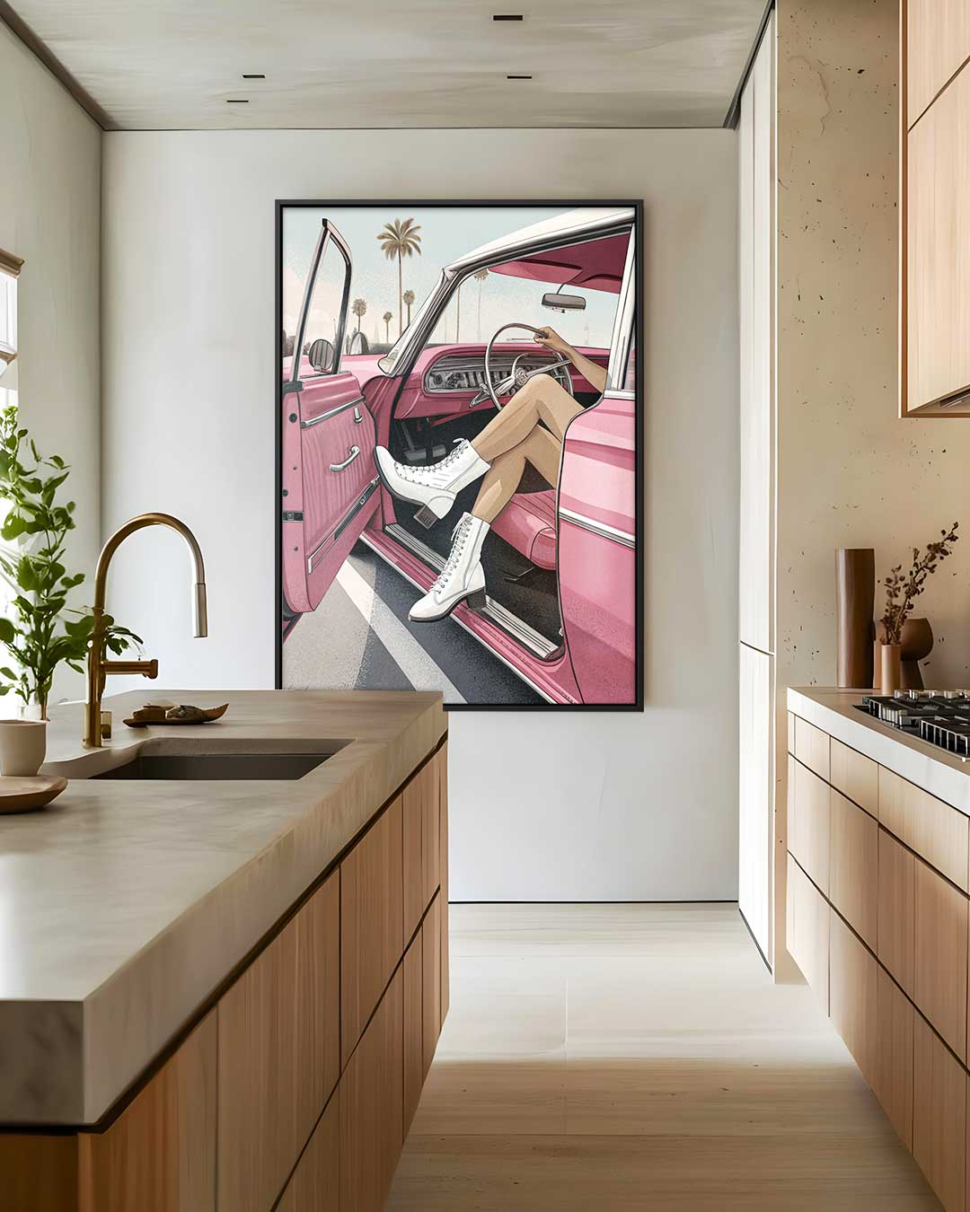 Zonnige Dag in de Retro Cabrio – kunstwerk met zwarte baklijst