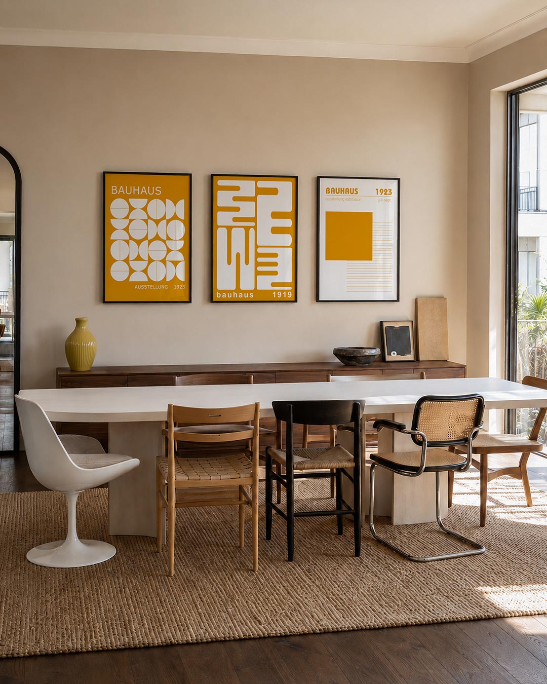 Vorm en kleur driedelige posterset – deze posterset in drie delen toont een speelse ordening van witte geometrische vormen op