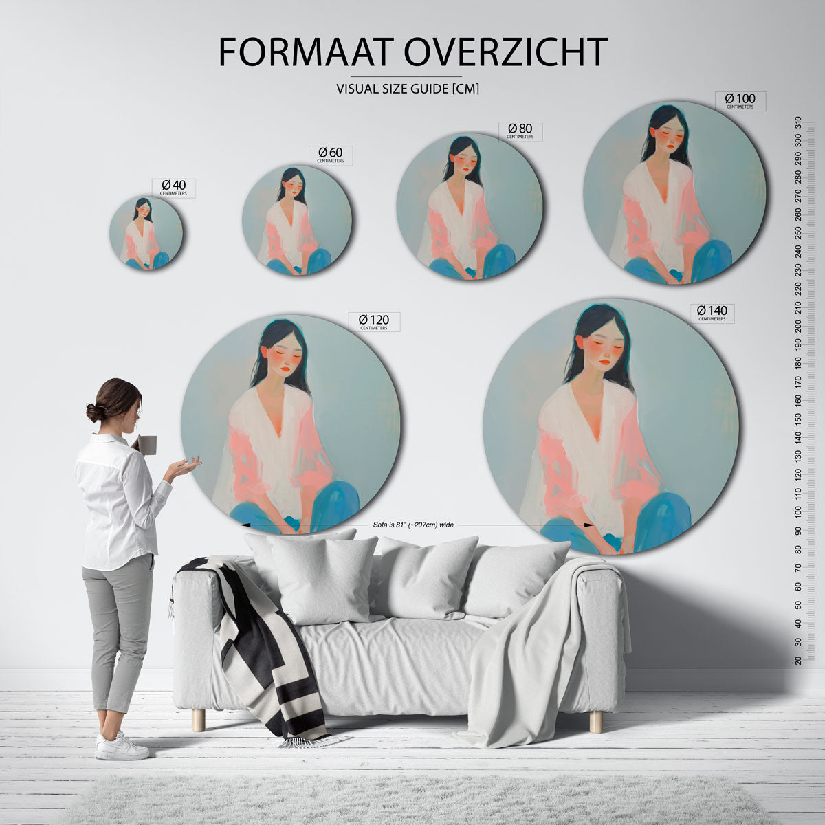 Vrouw in pastel – ronde muurdecoratie met kleur en vorm