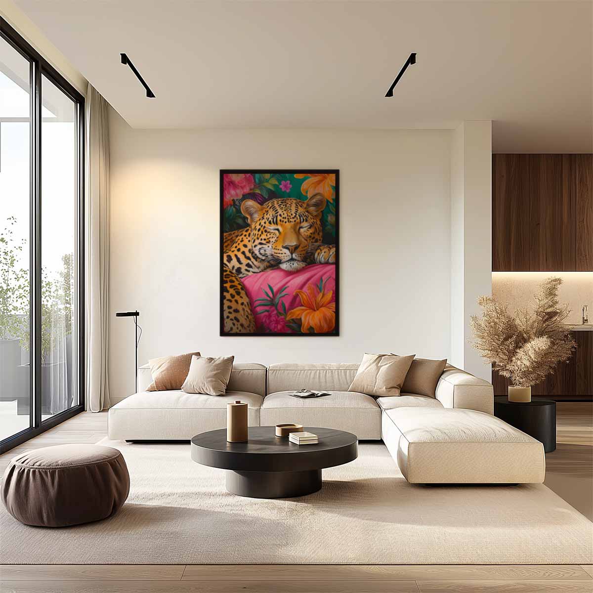 Dromerige Luipaard in Bloemenrijk – staand kunstwerk voor modern interieur