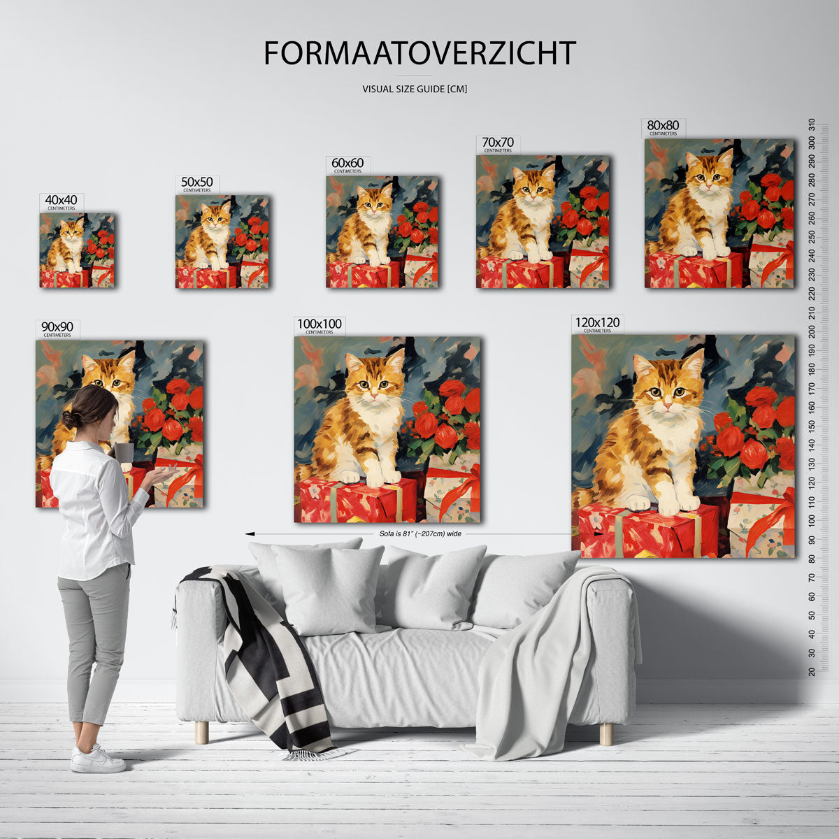 Kat met rode rozen – vierkante muurposter voor kerst