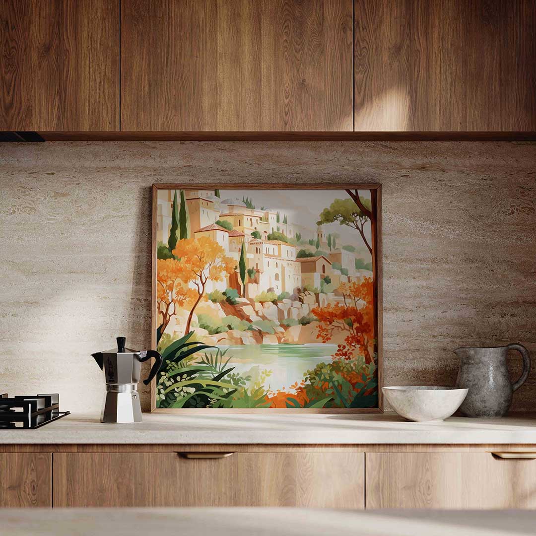 Mediterrane gebouwen – culinaire wandkunst als vierkante poster