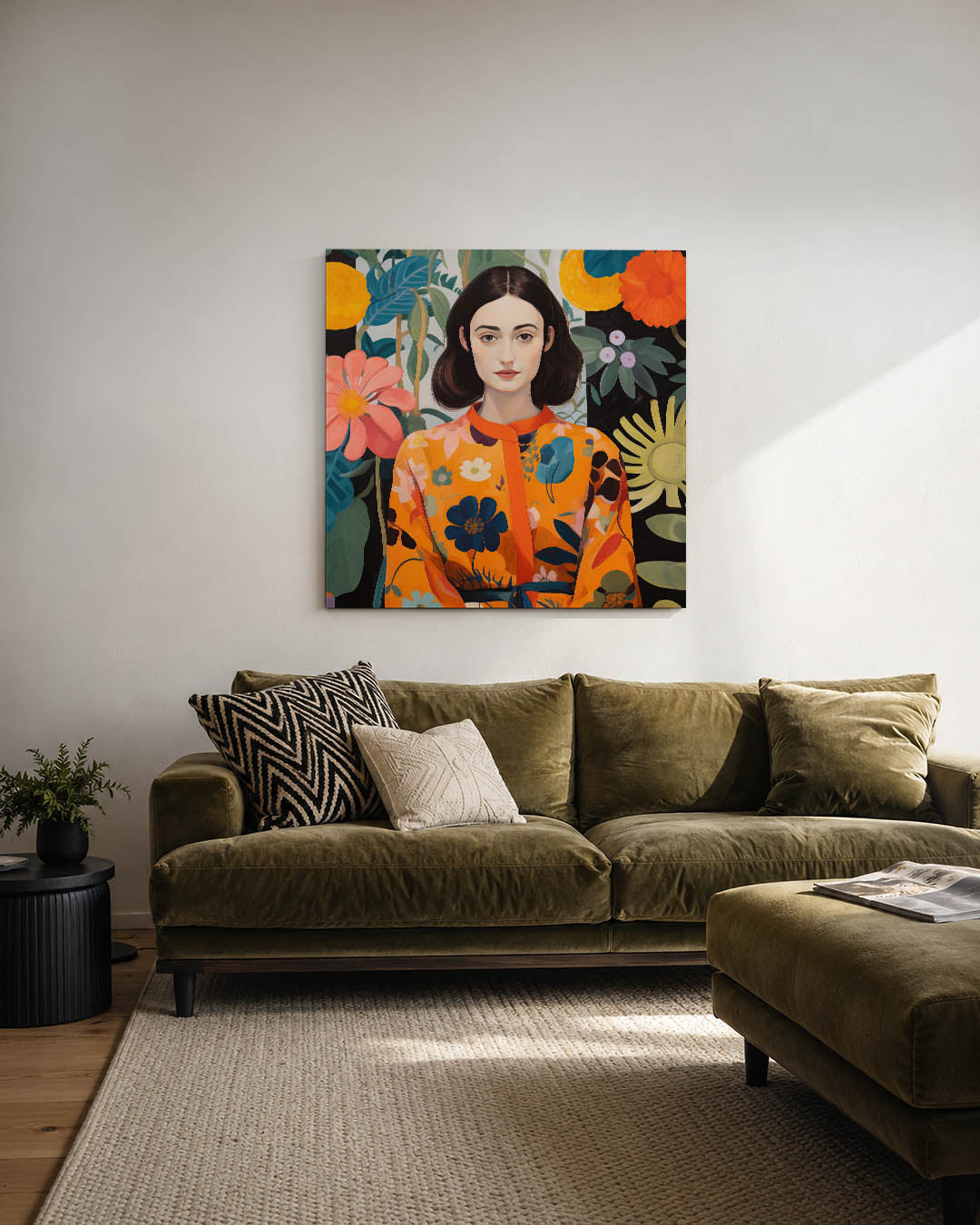 Vrouw met bloemen kunstwerk – derde productweergave – dit werk toont een vrouw omringd door kleurrijke bloemen. De levendige
