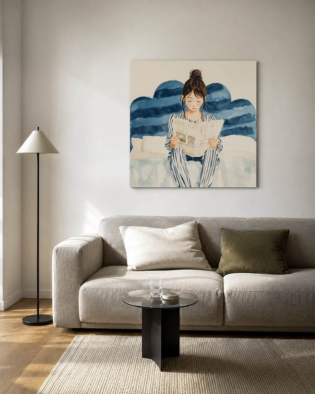 Dromerige lezing kunstwerk – detailweergave – een persoon in gestreepte pyjama leest een krant op bed, omgeven door zachte