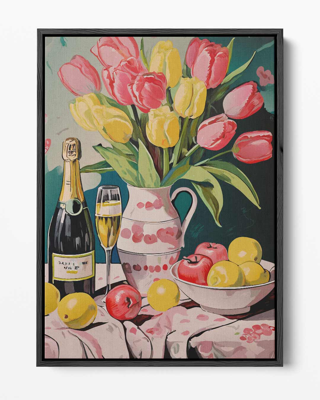 Tulpen en Champagne Stilleven – portret kunstwerk als wanddecoratie