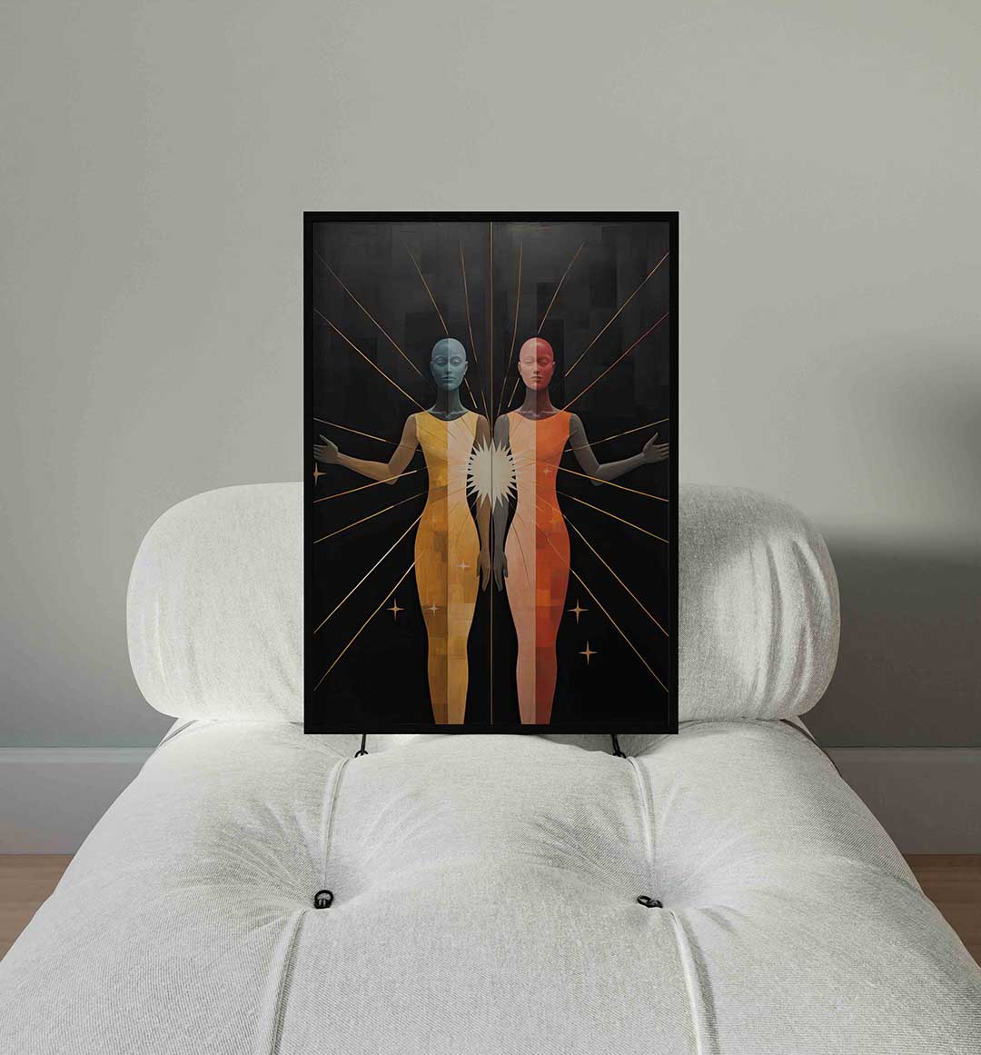 Twee figuren met stralen – staande surrealistische wanddecoratie van WallArtistic