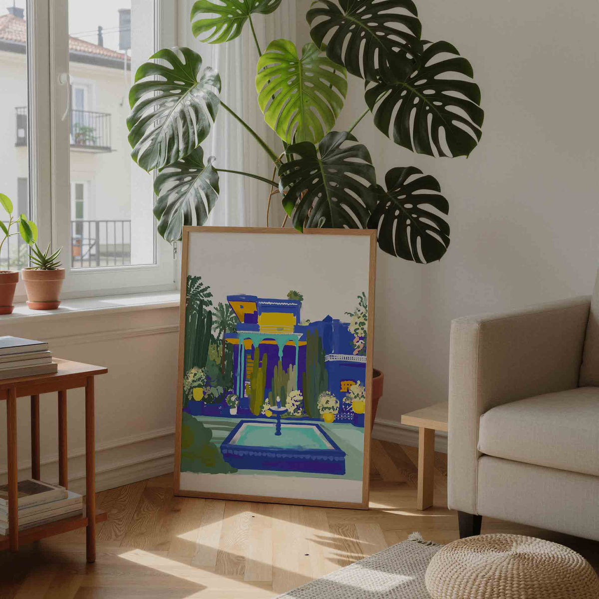 Tuin met fontein – moderne illustratie als portret poster
