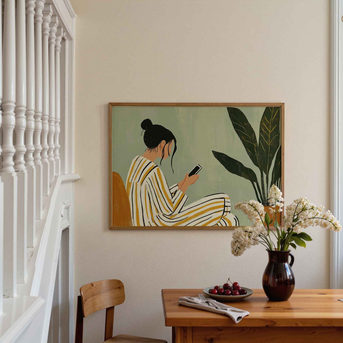 Vrouw met telefoon – moderne poster in liggend formaat