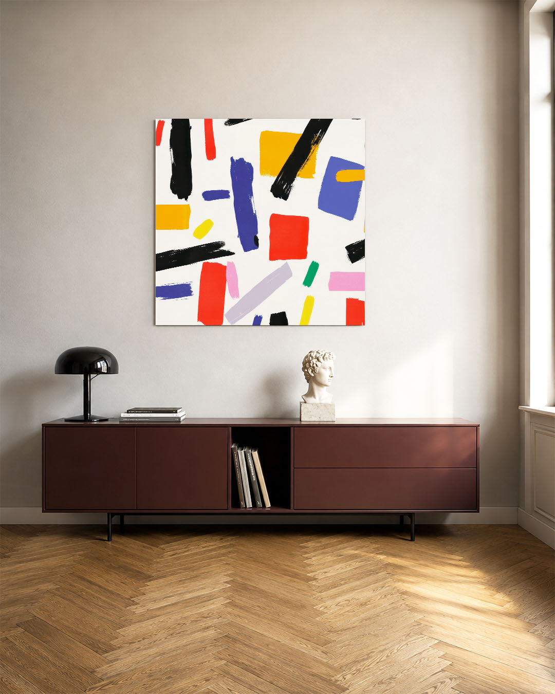 Kleurrijke vormen kunstwerk – tweede productweergave – dit werk toont een dynamische compositie van kleurrijke rechthoeken en