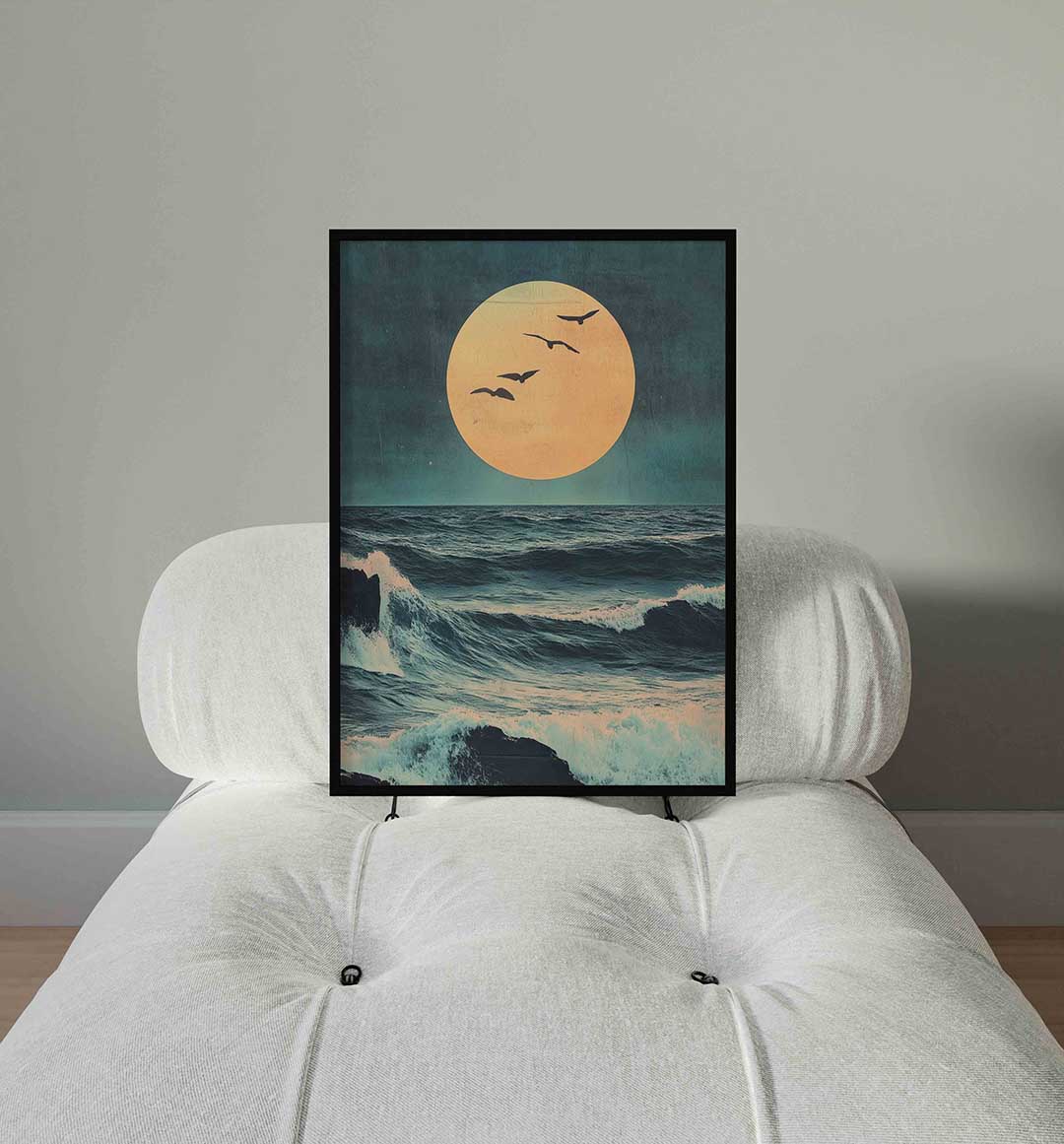 Vogels boven oceaan – staande surrealistische wanddecoratie van WallArtistic