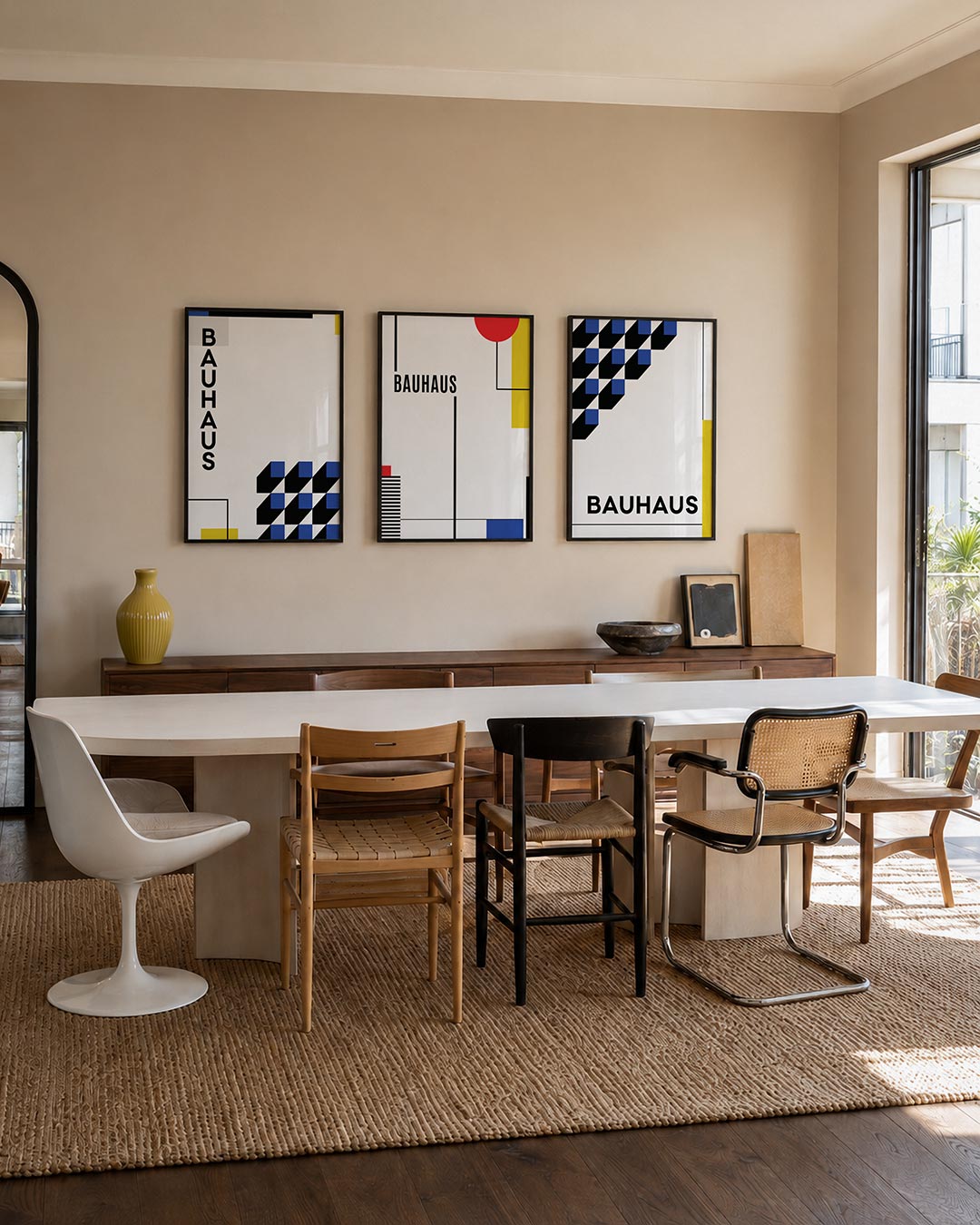 Vorm en kleur driedelige posterset – deze posterset in drie delen speelt met blauwe en gele kleurvlakken, zwarte lijnen en
