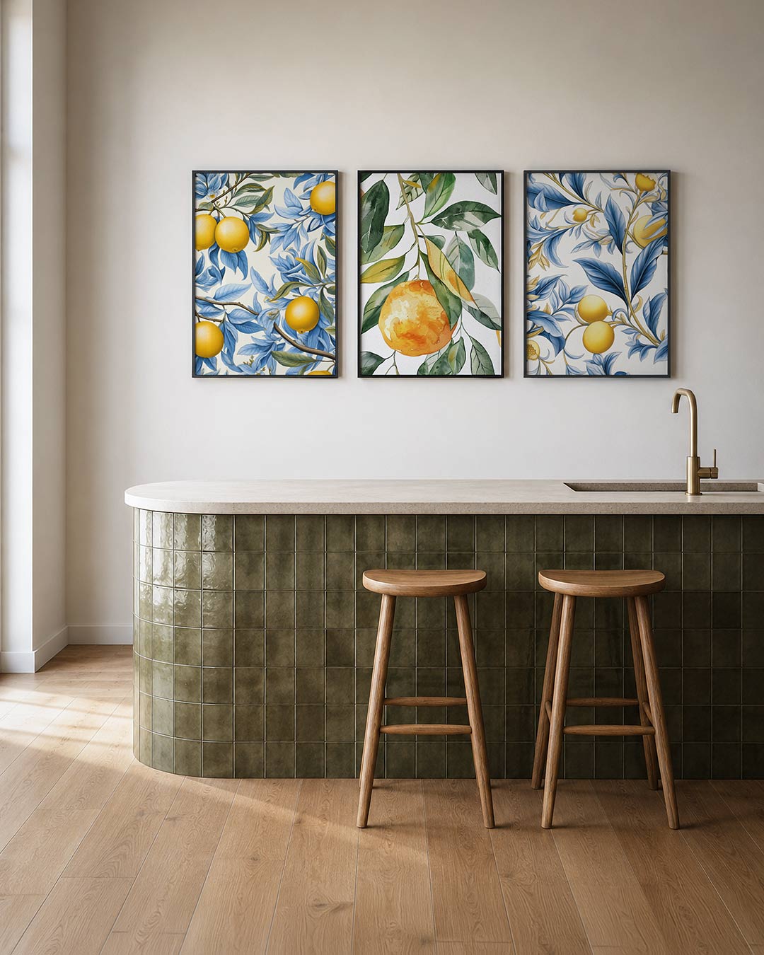 Citroen en bladeren posterset – tweede productweergave – heldere gele citroenen hangen tussen weelderige blauwe