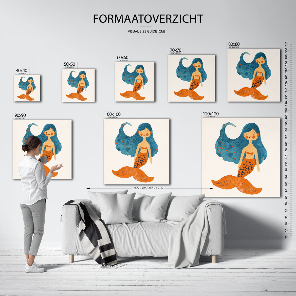 Zeemeermin met blauwe haren – vierkante muurposter voor de kinderkamer