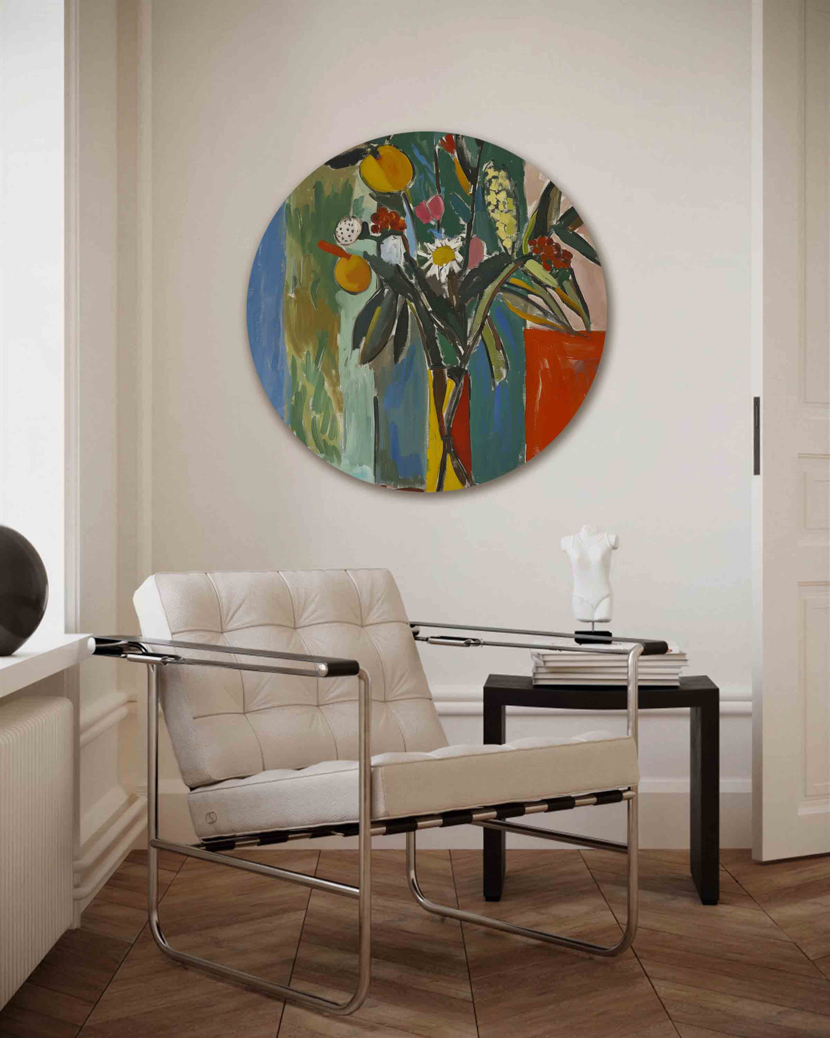 Bloemstilleven – kleurrijke muurcirkel als ronde wanddecoratie