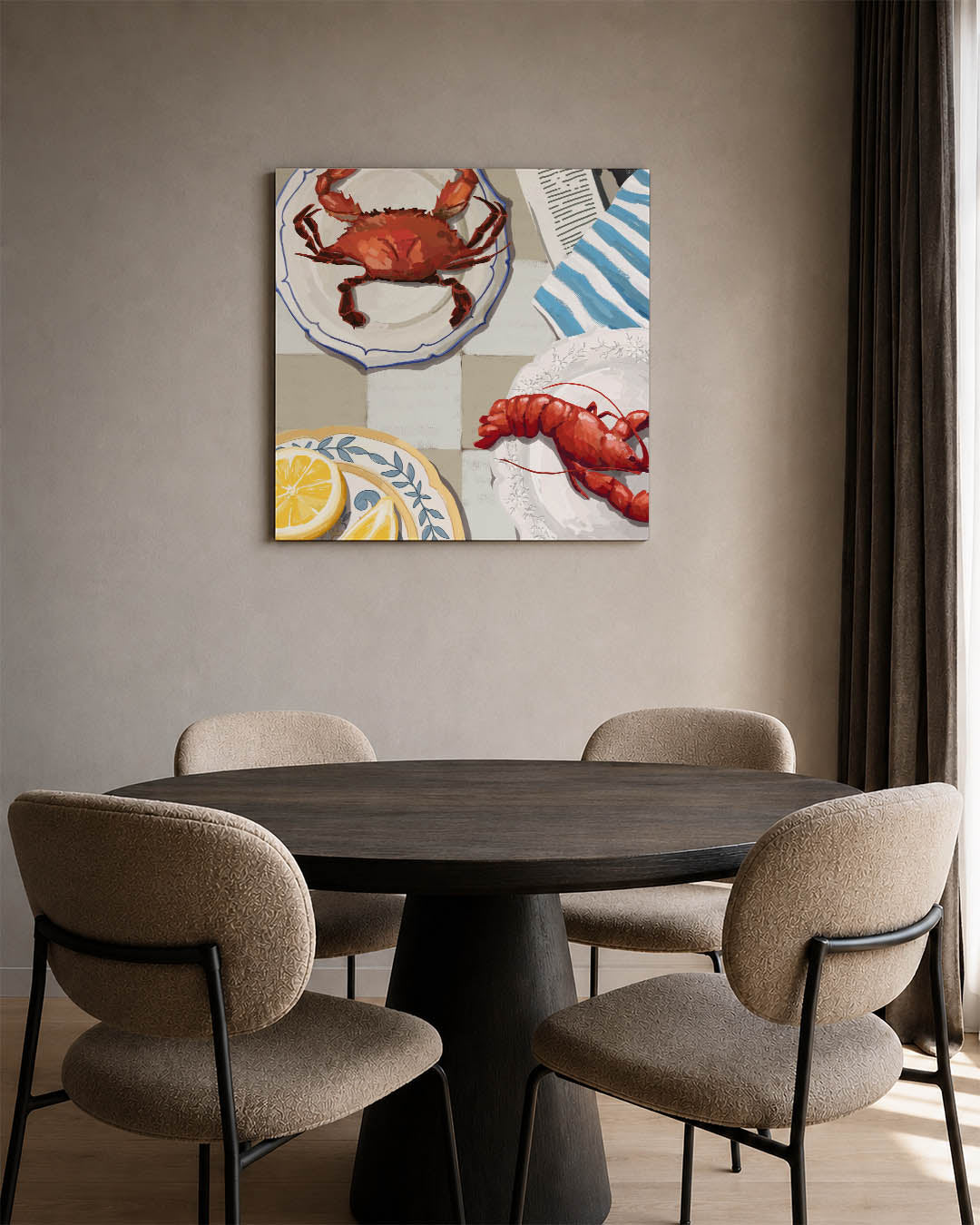 Maritieme tafelscène kunstwerk – vierkante wanddecoratie – dit kunstwerk toont een tafelscène met zeevruchten en citroenen op