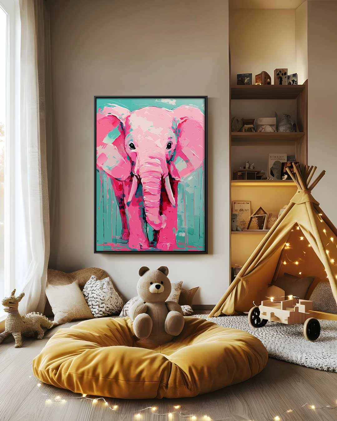 Vrolijke Roze Olifant – canvas wanddecoratie in portret formaat