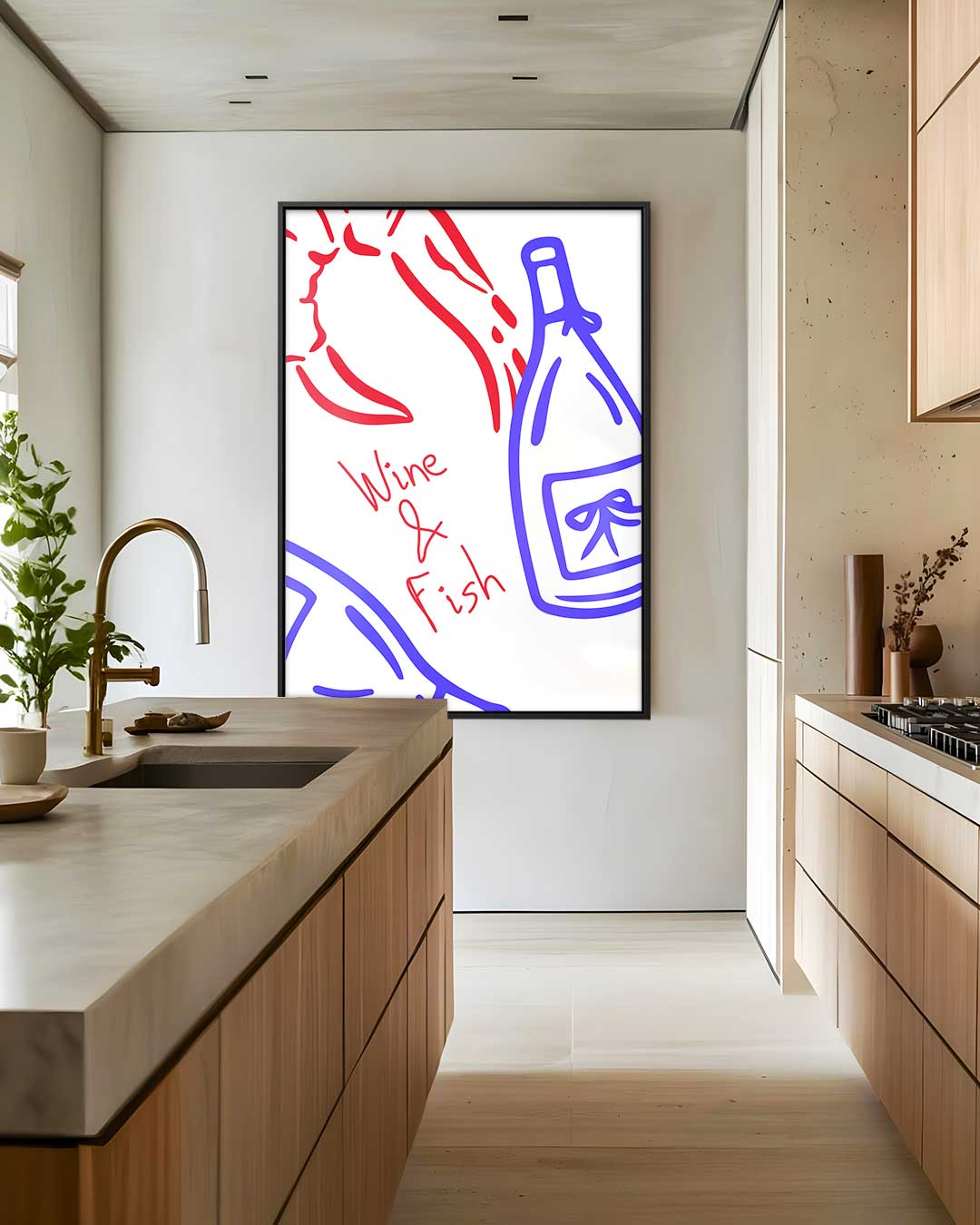 Wijn en Vis Illustratie – dibond wanddecoratie in staand formaat