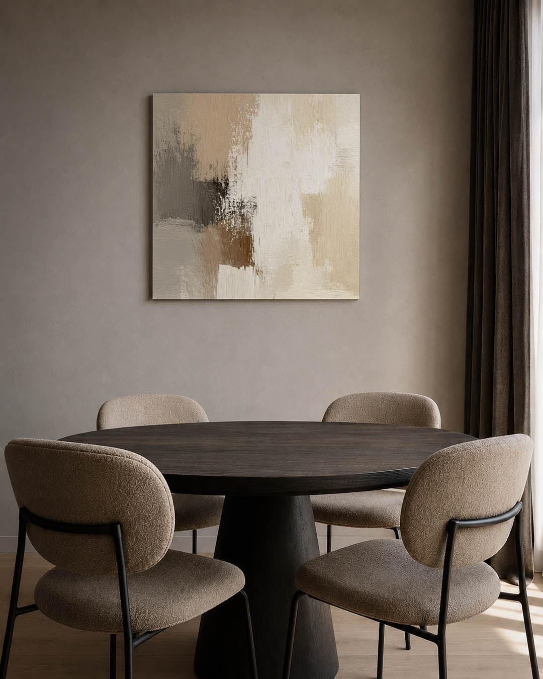 Neutrale kleurencompositie kunstwerk – tweede productweergave – dit werk toont een harmonie van beige, wit en grijs met