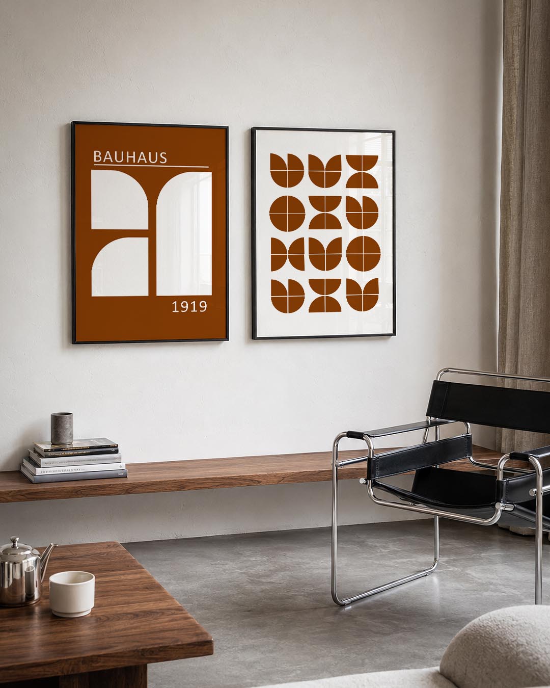 Vorm en balans Posterset-Bauhaus-geïnspireerde geometrische posters in een modern interieur