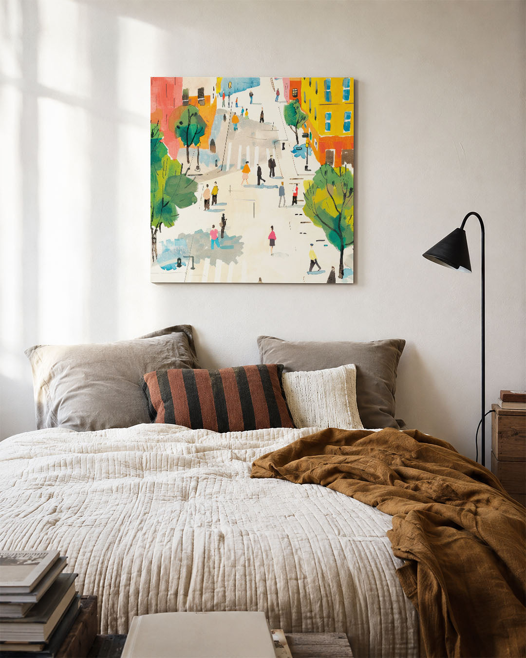 Stadsleven in kleur kunstwerk – detailweergave – dit kunstwerk toont een levendige straat met kleurrijke gebouwen en mensen.