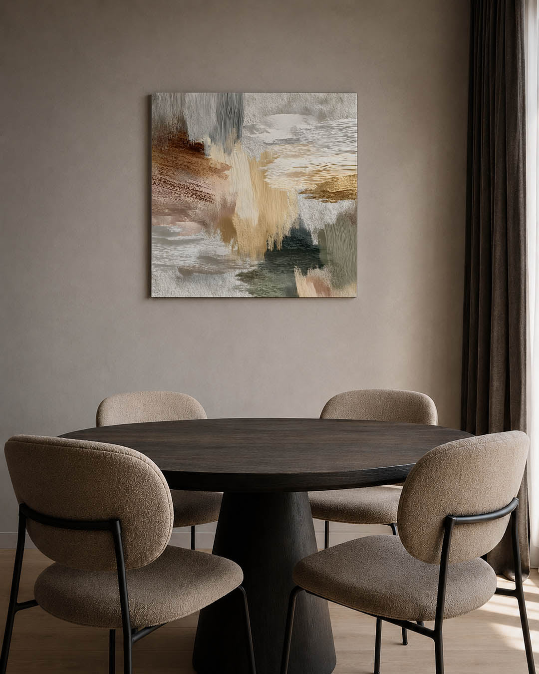 Dynamische kleurencompositie kunstwerk – tweede productweergave – dit werk toont een levendige mix van beige, bruin en grijs.