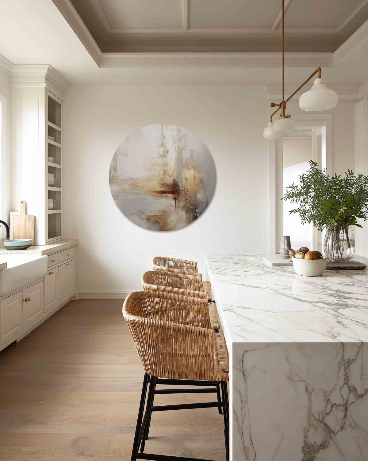 Abstracte beige en grijze – abstracte muurcirkel als ronde wanddecoratie