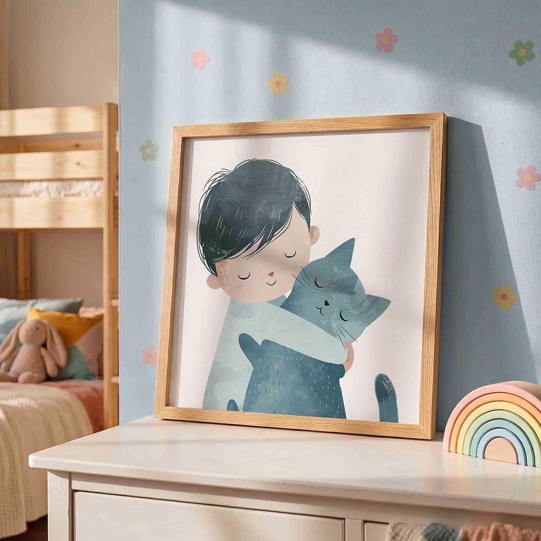 Jongen met kat – speelse wandkunst als vierkante kinderposter