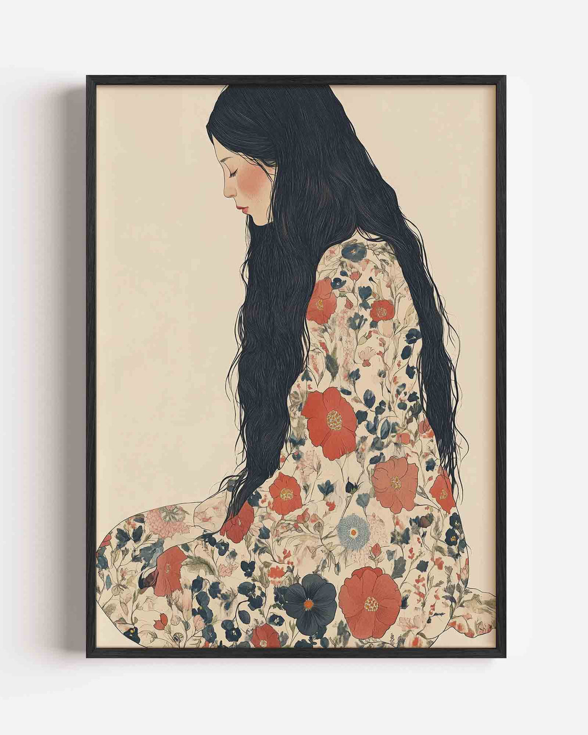 Vrouw met bloemenjurk – moderne portret poster als wanddecoratie