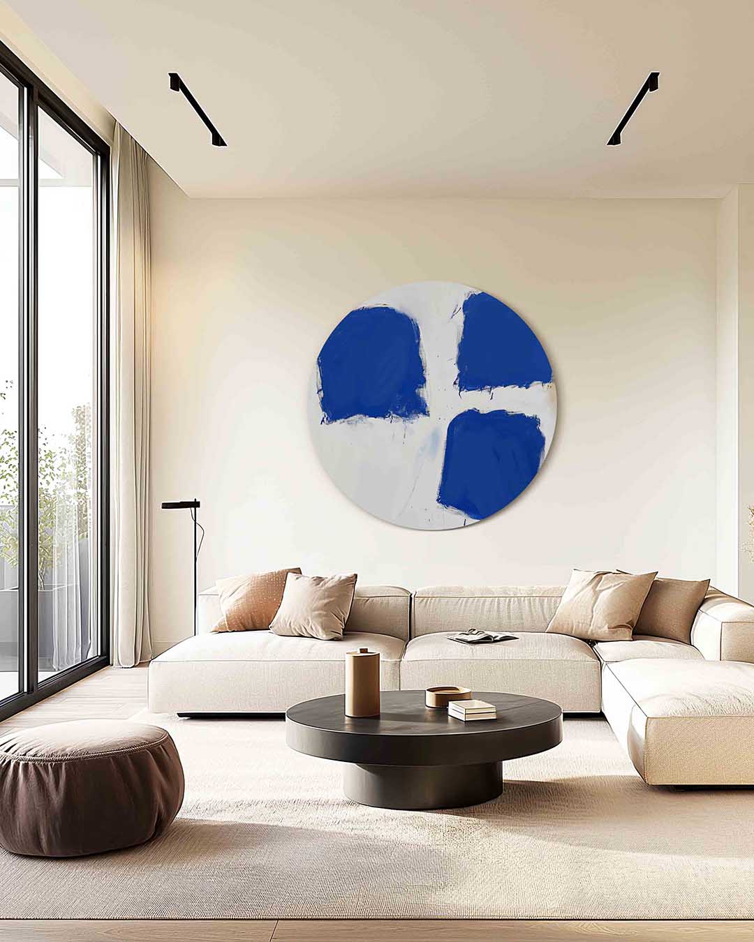 Blauwe vlakken – kleurrijke muurcirkel als ronde wanddecoratie
