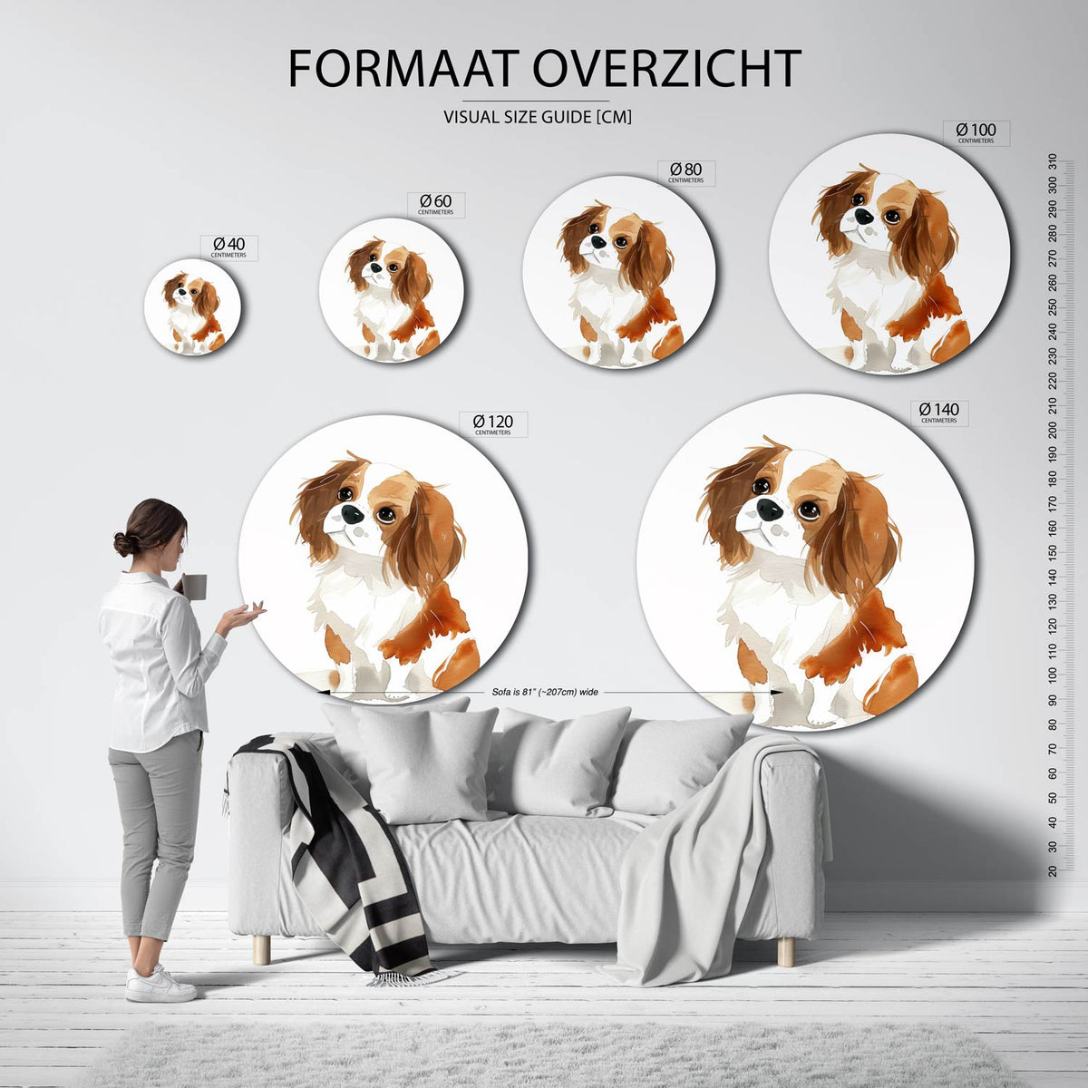 Hond met bruine vlekken Muurcirkel – extra productweergave – Een hond met grote ogen en bruine vlekken op een witte
