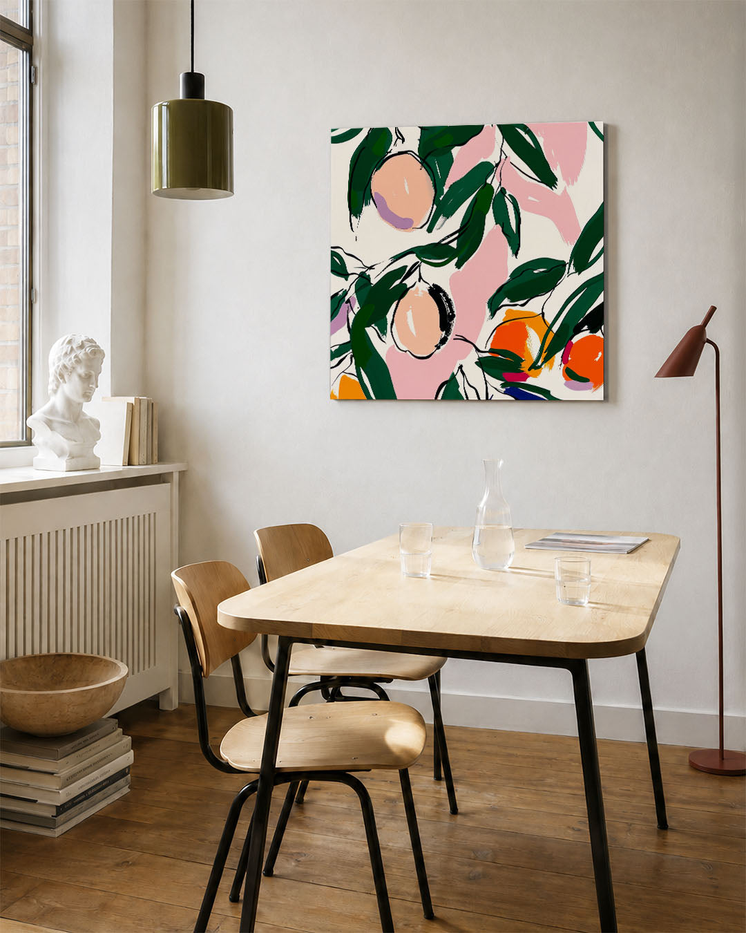 Vrolijke kleurenexplosie kunstwerk – vierkante wanddecoratie – dit werk toont een levendige mix van groene bladeren en