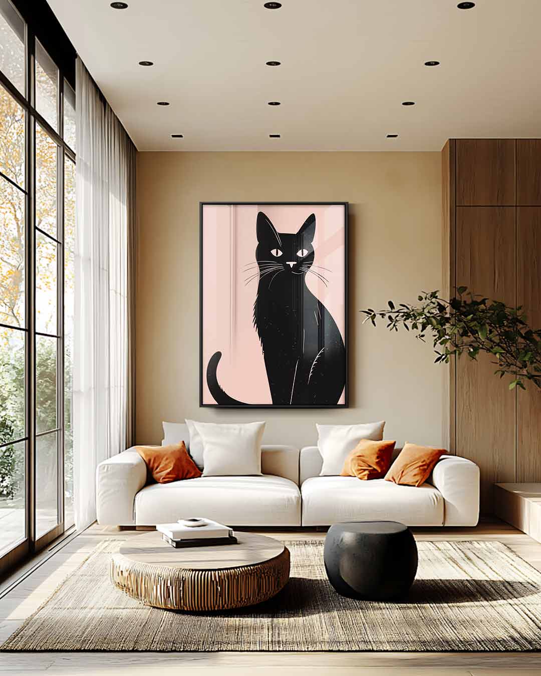 Stijlvolle Zwarte Kat Illustratie – modern portret kunstwerk van WallArtistic