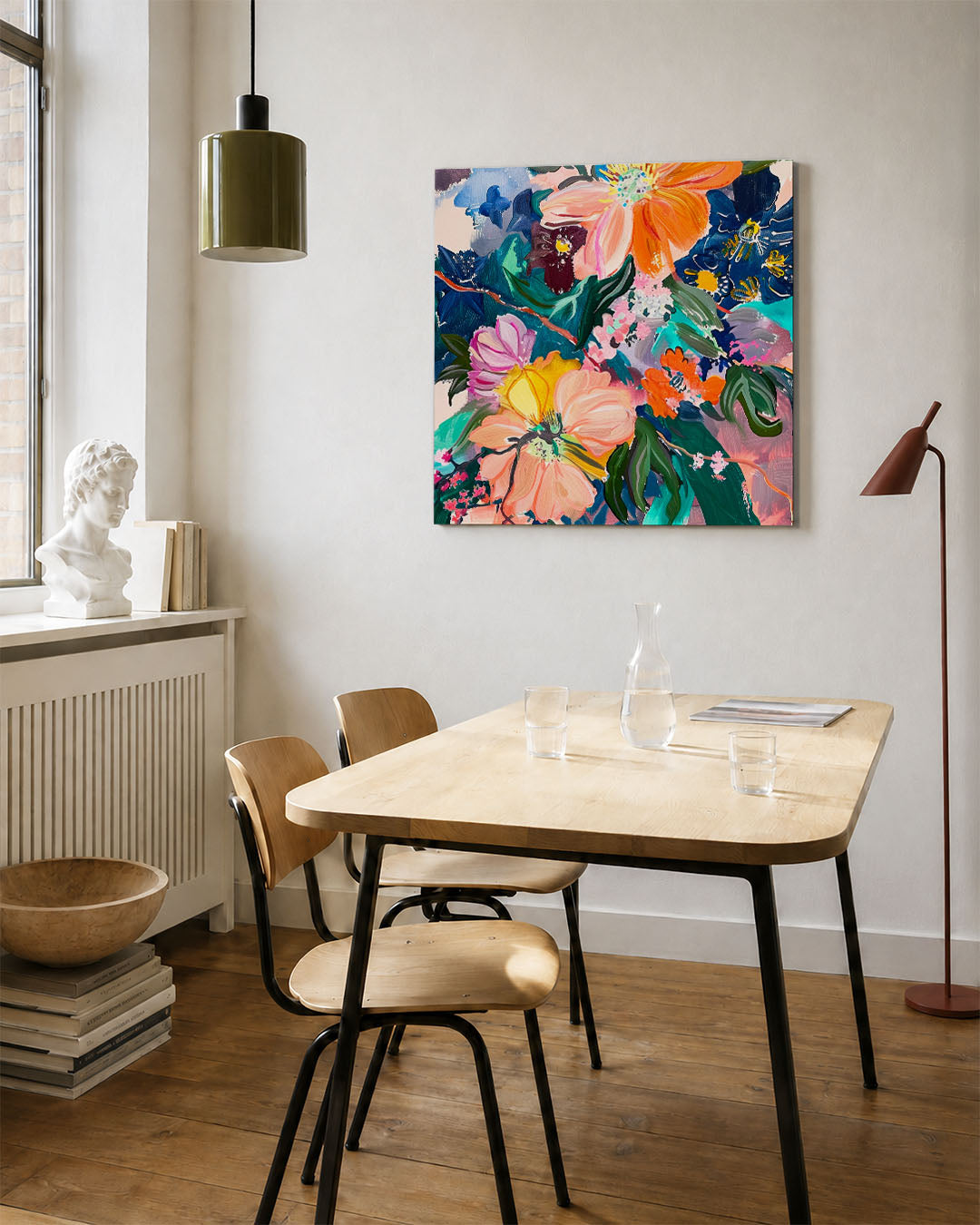 Kleurrijke bloemenpracht kunstwerk – vierkante wanddecoratie – dit kunstwerk toont een levendige compositie van bloemen in