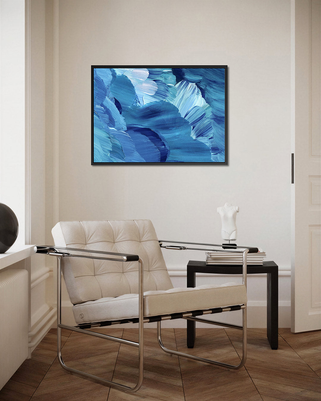 Dynamische blauwe beweging – Blauwtinten – kunstwerk op canvas, dibond of plexiglas