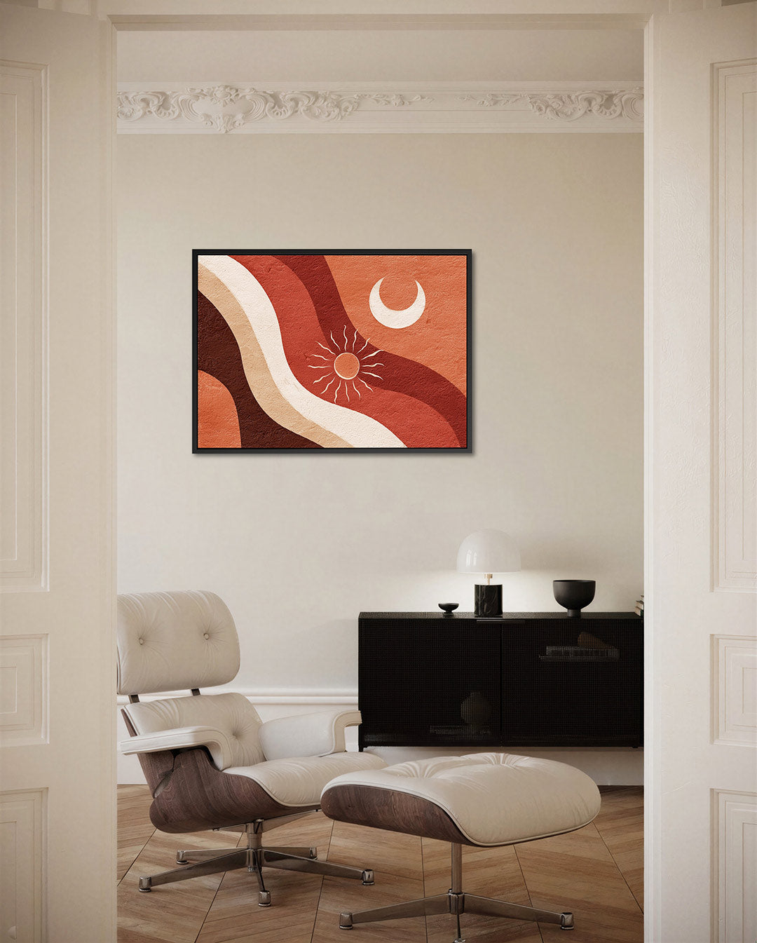 Golvende zon en maan – liggende wanddecoratie