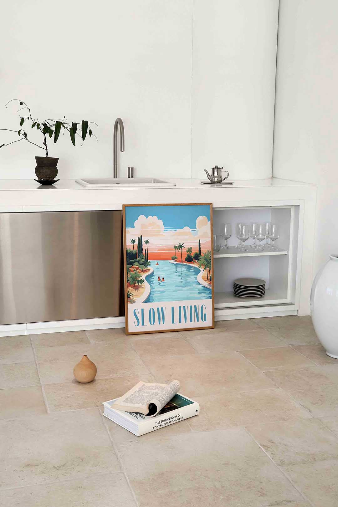 Zwembad en palmbomen – culinaire wandkunst als portret poster
