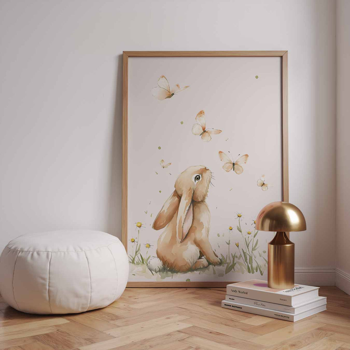 Dromerige Konijn en Vlinders – speelse wandkunst als portret kinderposter