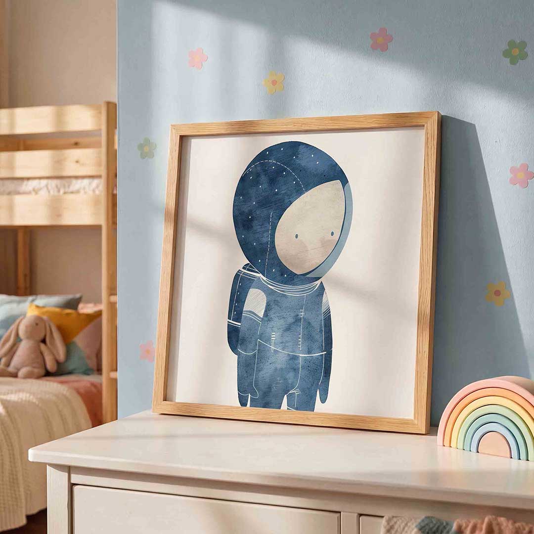 Astronaut in blauw – speelse wandkunst als vierkante kinderposter