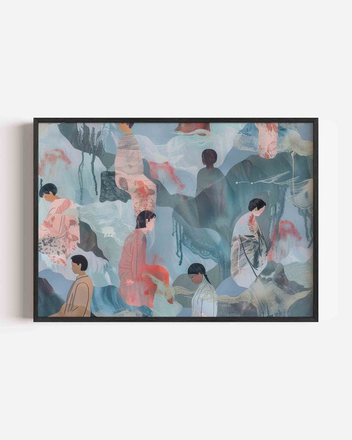 Figuren in blauwe tinten – hedendaagse illustratie poster in landscape formaat