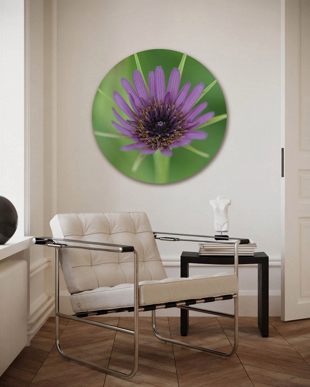 Paarse bloem – fotografie muurcirkel als ronde wanddecoratie