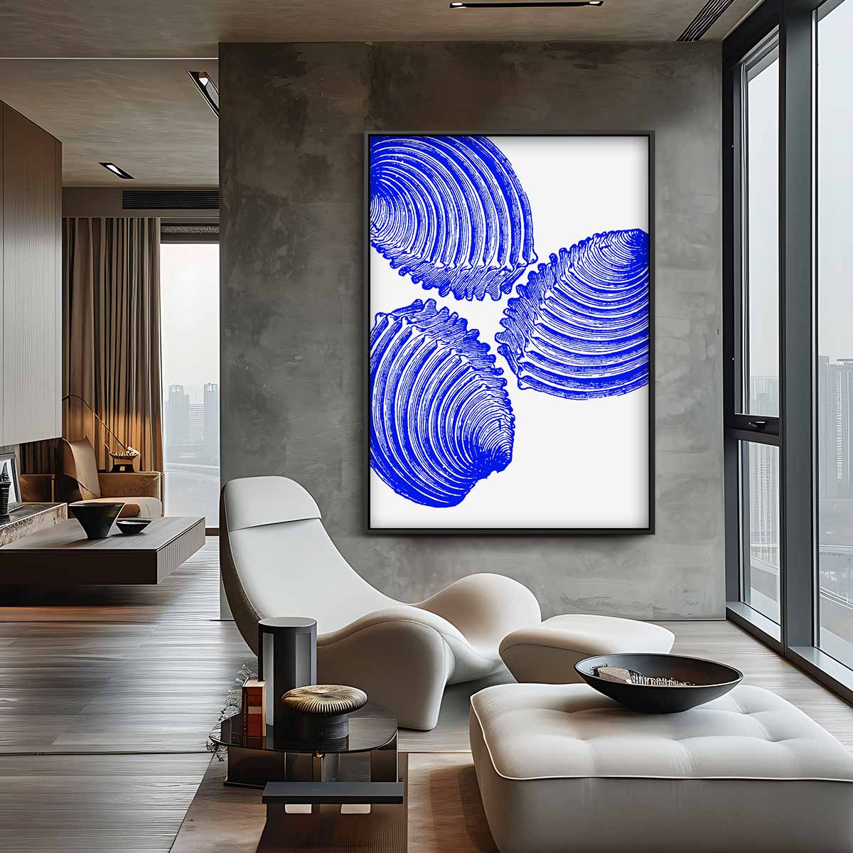 Blauwe Schelp Trio Kunstwerk – canvas wanddecoratie in portret formaat