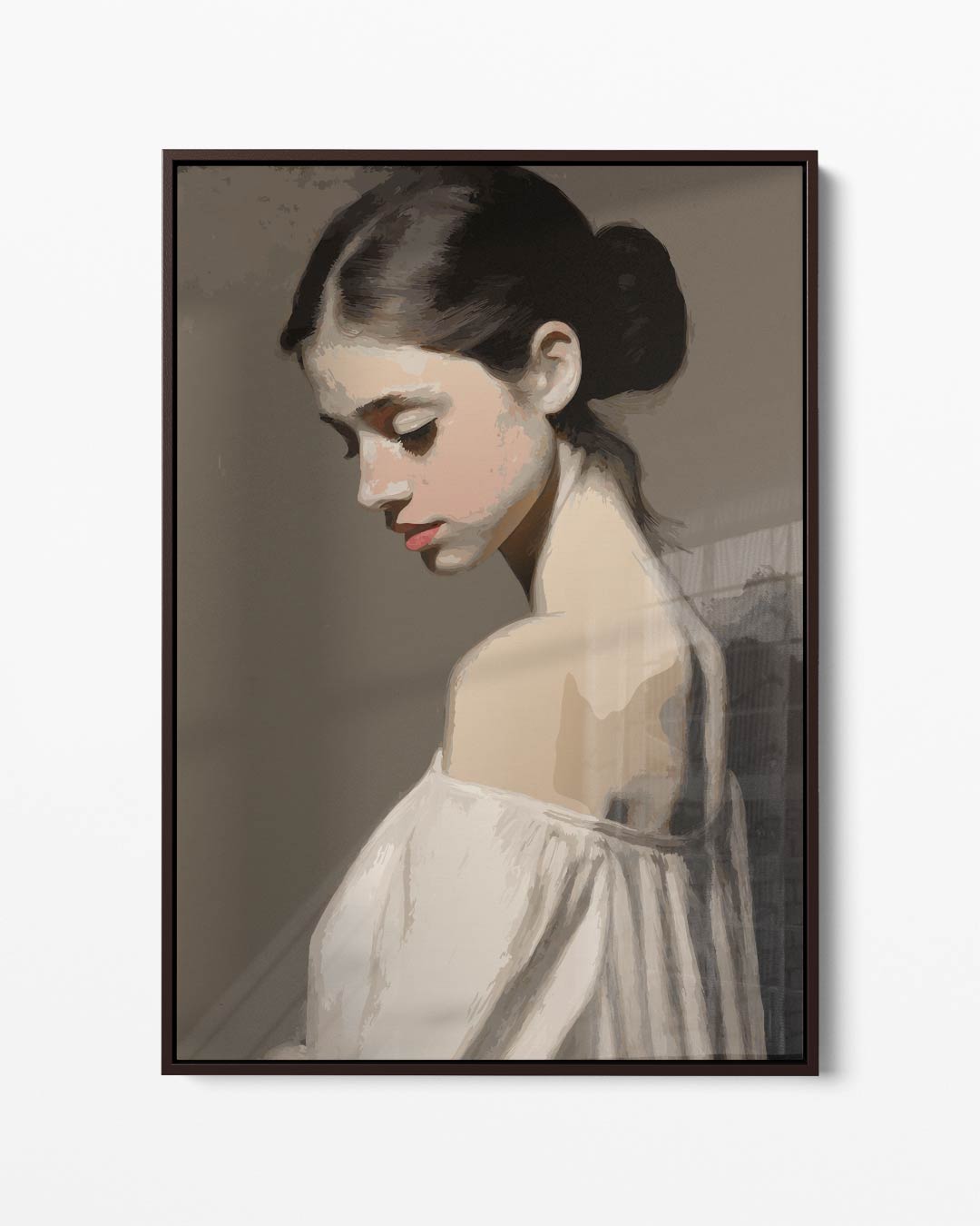 Dromerige Schoonheid in Bruintinten – portret kunstwerk als wanddecoratie