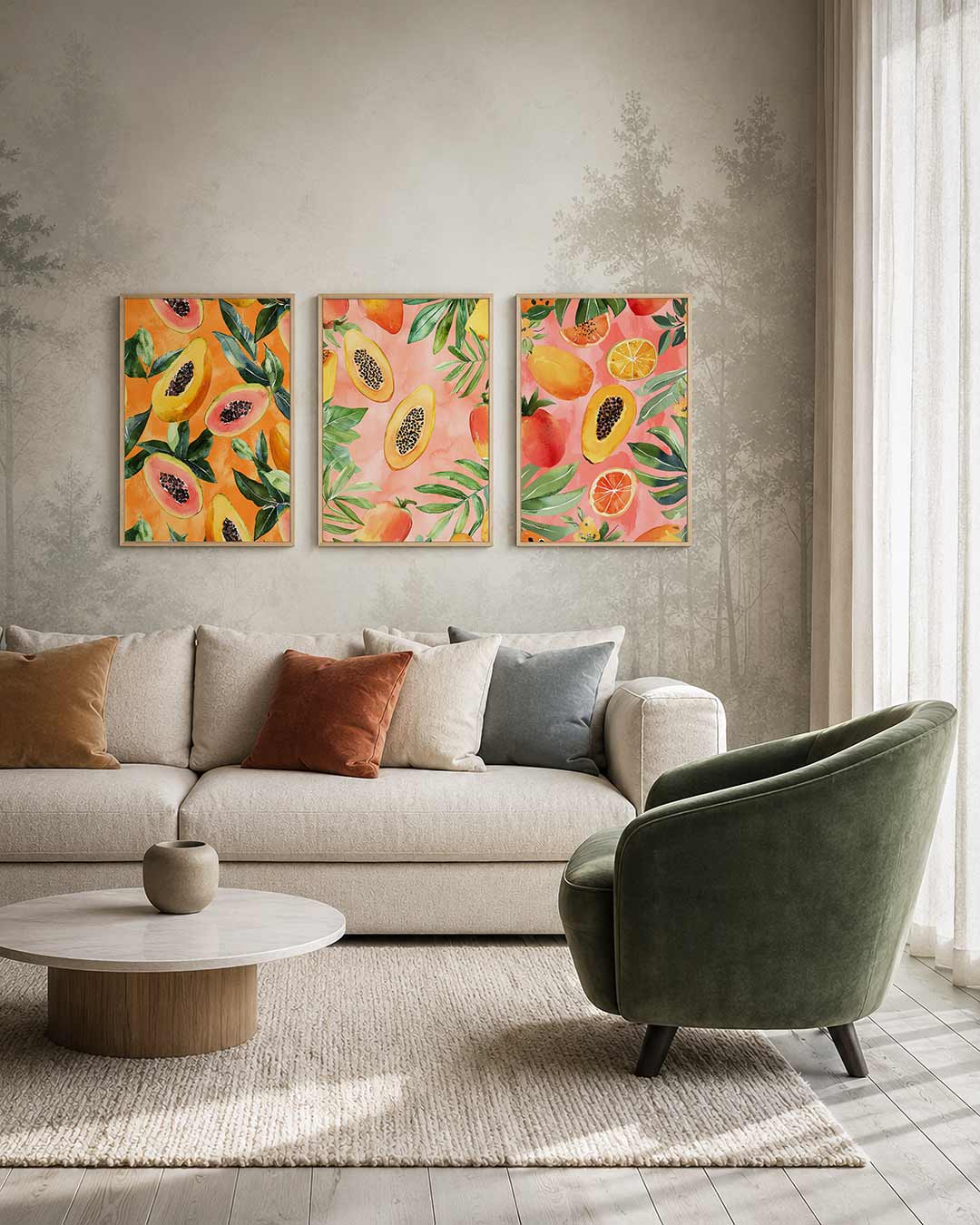 Fruitige kleurexplosie driedelige posterset – deze posterset in drie delen toont levendige papaja's en