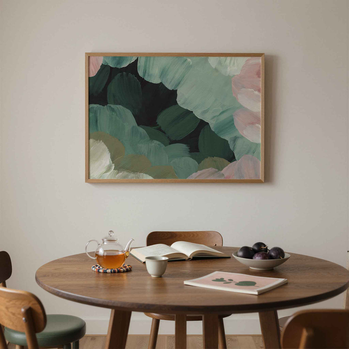 Abstracte groene vormen – liggende schilderkunst wanddecoratie van WallArtistic